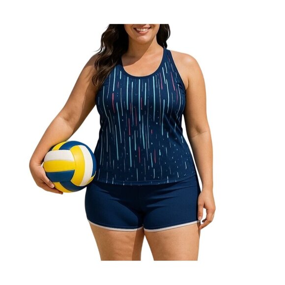 Tankini Swimsuit Size 2XL Athletic 3 Piece Swim Tank Tops Boyshorts Blue Stripe - Picture 1 of 10